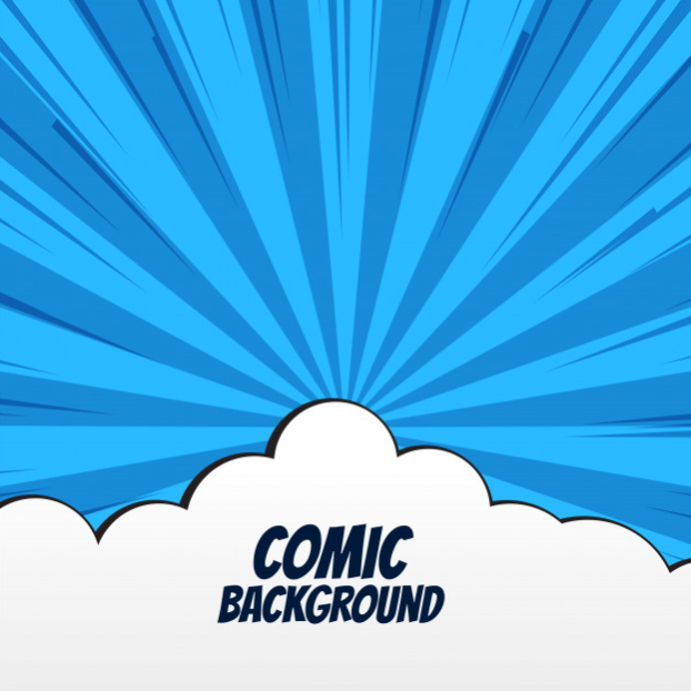 Comic background with clouds and rays Free Vector
